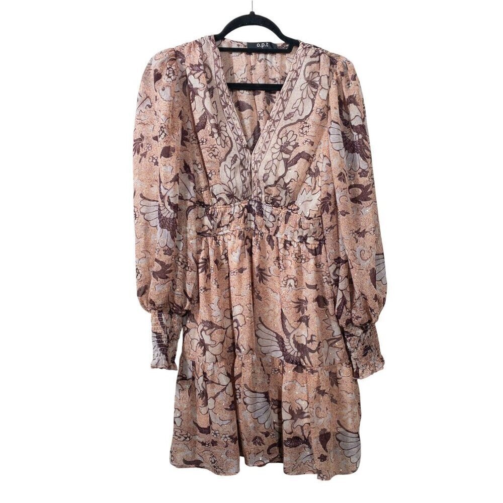 Anthropologie O.P.T Floral Birds Boho Prairie Dress SZ S Cream Brown Fall - Picture 5 of 11